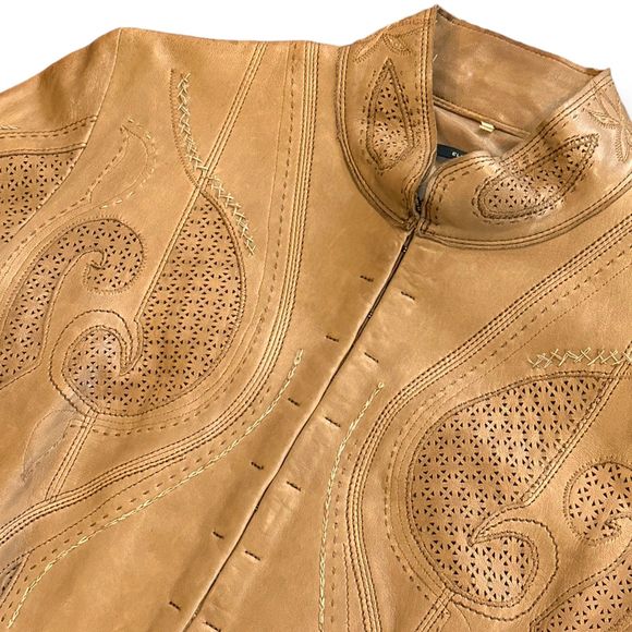 ELIE TAHARI X BERGDORF GOODMAN Cognac Ornate Leather Jacket, Size Small - Picture 7 of 13